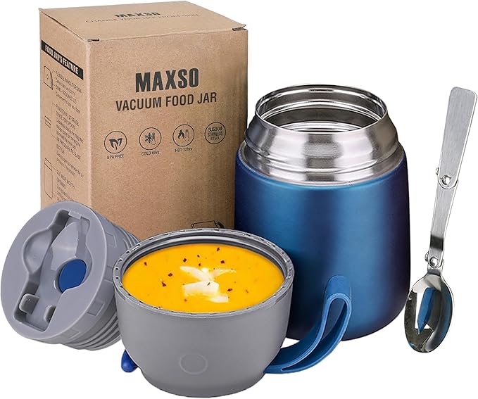 Insulated Thermo Food Jar for Hot & Cold Food for Kids Adult, 17 oz Soup Thermal Hot Food Containers for Lunch, Triple Layer Insulation Stainless Steel Food Jar with Spoon(Blue)-CubbioJoy
