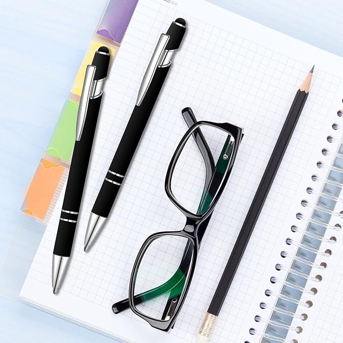 8 Pieces Ballpoint Pen with Stylus Tip Black Ink 2 in 1 Stylus Metal 1.0 mm Medium Point Smooth Pen Rainbow Colorful Rubberized Ballpoint for Touch Screen Tablet(Black)-CubbioJoy