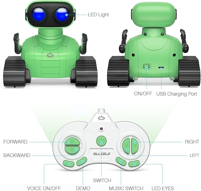 ALLCELE Robot Toys, Rechargeable RC Robot for Boys and Girls, Remote Control Toy with Music and LED Eyes, Gift for Children Age 3 Years and Up - Green-CubbioJoy