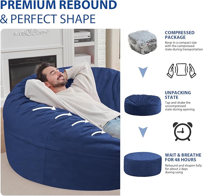 6FT Bean Bag Chair, Large Bean Bag Chairs with Memory Foam Filled, Fluffy Beanbag Sofa with Dutch Velvet Cover, Round BeanBag Chairs for Living Room, Playroom - Blue-CubbioJoy