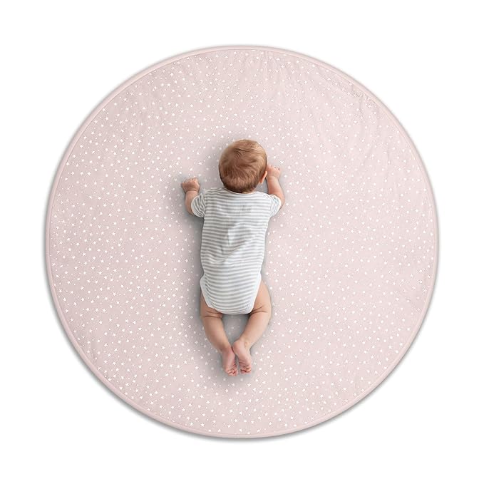 Byrd & Blume Round Baby Play Mat, Organic Cotton Soft Padded Nursery Floor Mat, Safe Hypoallergenic Baby Mat, Reversible, Foldable, Portable Infant Tummy Time Mat Fits Tents & Playpens (40"x40") Pink-CubbioJoy