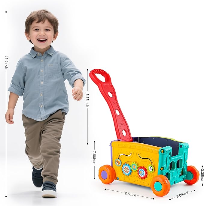 Interactive Learning Push Walker Toy for Toddlers, Musical Activity Wagon with Handle, Educational Rolling Cart with Blocks-CubbioJoy
