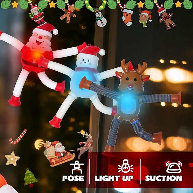 Christmas LED Pop Tubes Light Up 4 Pcs Sensory Fidget Toys, Telescopic Suction Cup Santa Toys Autism Christmas Party Favors Game Prizes Goody Bags Stocking Stuffers Treats for Kids 3+ (Christmas)-CubbioJoy