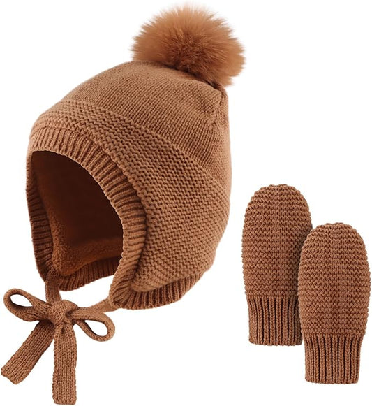 Basic Winter Baby Beanie Gloves Boys Girls Knitted Hat Pompom Kids Earflap Hats Warm Infant Toddler Beanie Mittens Set-CubbioJoy