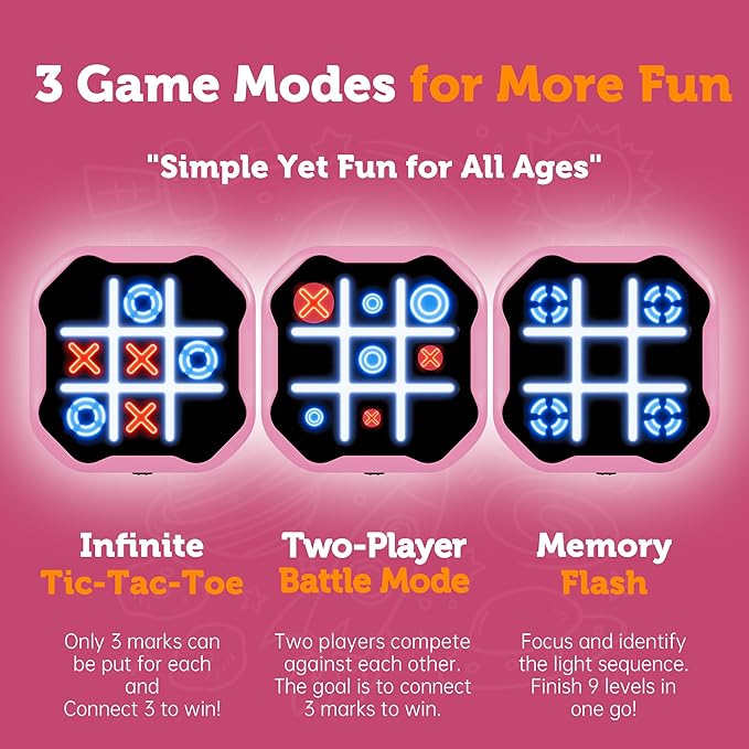 3 in 1 Electronic Tic Tac Toe Game, Handheld Digital Tic Tac Toe Bolt Game with Silent Mode, Portable Learing Toys Gift for Kids & Adults, Pink-CubbioJoy