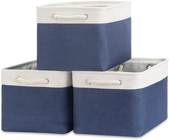Bidtakay Storage Baskets Collapsible [3-Pack] Decorative Storage Bins with Cotton Rope Handles 15 X 11 X 9.5 Inch Organizing Baskets for Shelves Clothes Closet Navy Blue Baskets for Gifts Empty-CubbioJoy