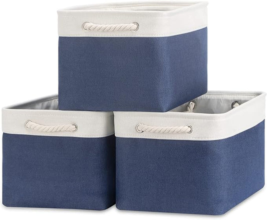 Bidtakay Storage Baskets Collapsible [3-Pack] Decorative Storage Bins with Cotton Rope Handles 15 X 11 X 9.5 Inch Organizing Baskets for Shelves Clothes Closet Navy Blue Baskets for Gifts Empty-CubbioJoy