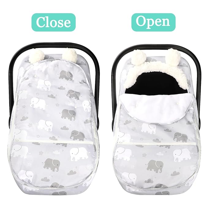 Carseat Cover Boys, Winter Cozy & Warm Cover, Elephant Baby Car Seat Cover, Infant Car Seat Canopy, Ultra-Soft Breathable Protect Baby from Cold Wind, Zipped Removable Design-CubbioJoy