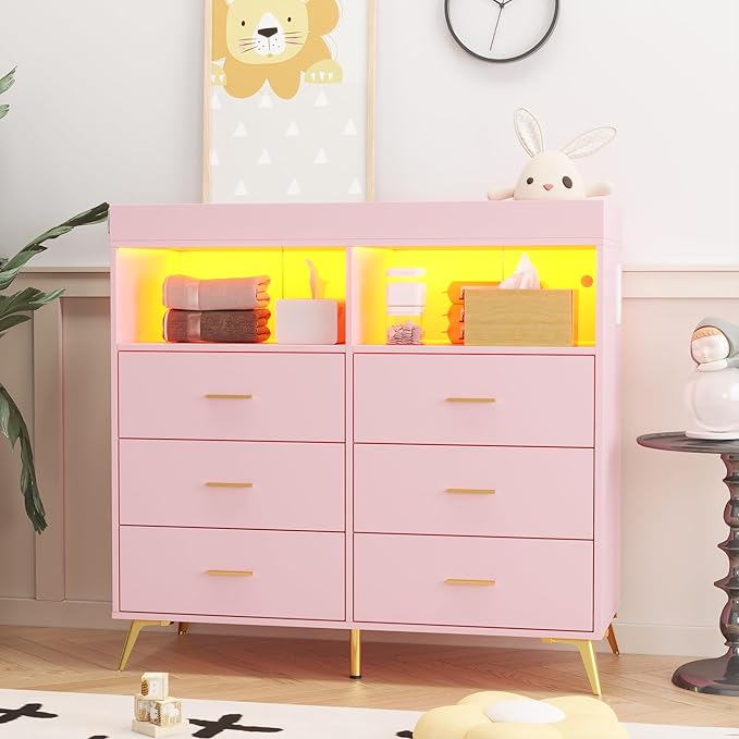 Changing Table Dresser with Drawers, Baby Dresser with Changing Table Top, Power Outlet, LED Light & Metal Feet, Diaper Changing Station Nursery Organizer for Infants Newborn, Pink-CubbioJoy