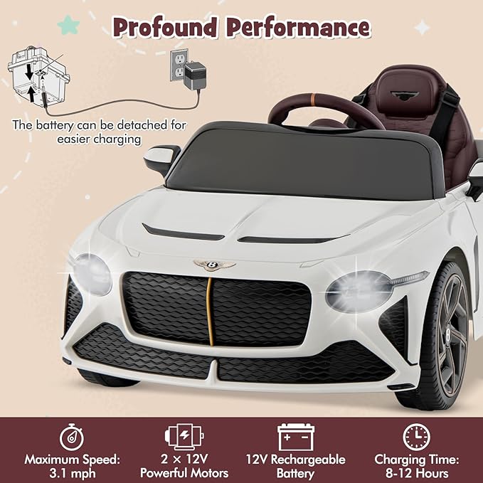 Costzon Ride on Car, 12V Licensed Bentley Bacalar Battery Powered Kids' Electric Vehicles w/Remote Control, Scissor Doors, Wireless Connection, Lights/Sound Effects, Kids Car Toys for Toddlers(White)-CubbioJoy