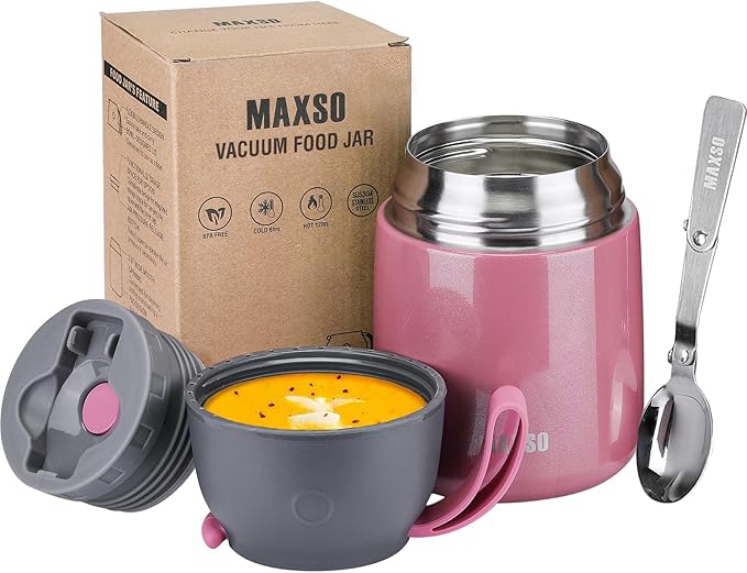 Insulated Food Jar for Hot & Cold Food for Kids Adult,17 oz Soup Thermo Hot Food Containers for Lunch, Triple Layer Insulation Stainless Steel Food Jar with Spoon (Pink)-CubbioJoy