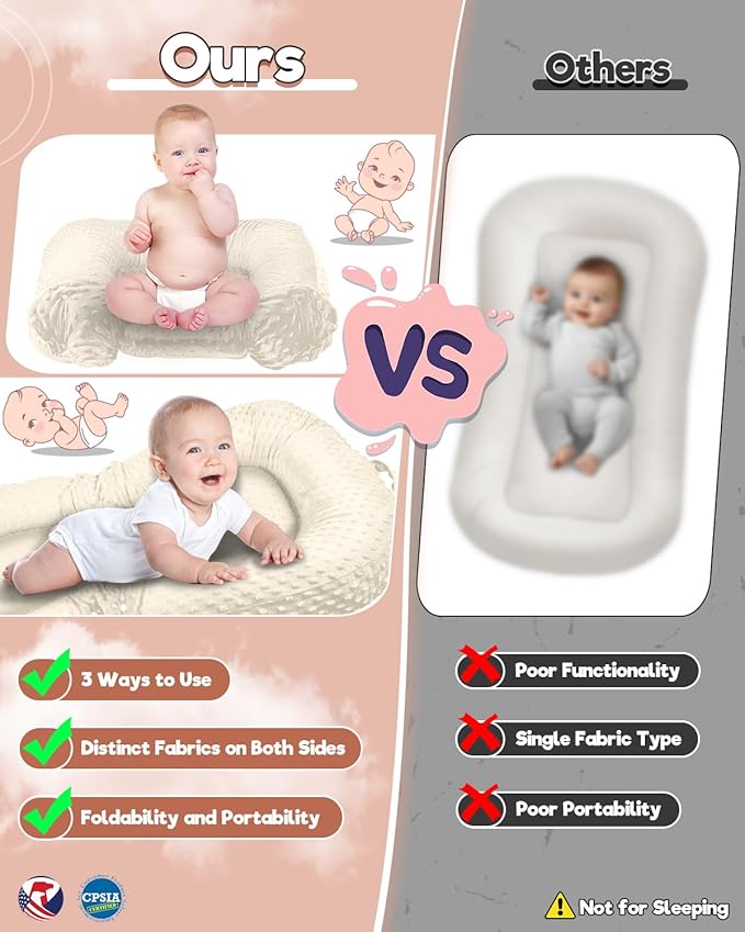 Baby Lounger Pillow 3-in-1 Infant Lounger Pillow for Newborn 0-24 Months, Portable Tummy Time Mat for Home and Travel, Breathable & Soft Baby Seat for Baby-CubbioJoy