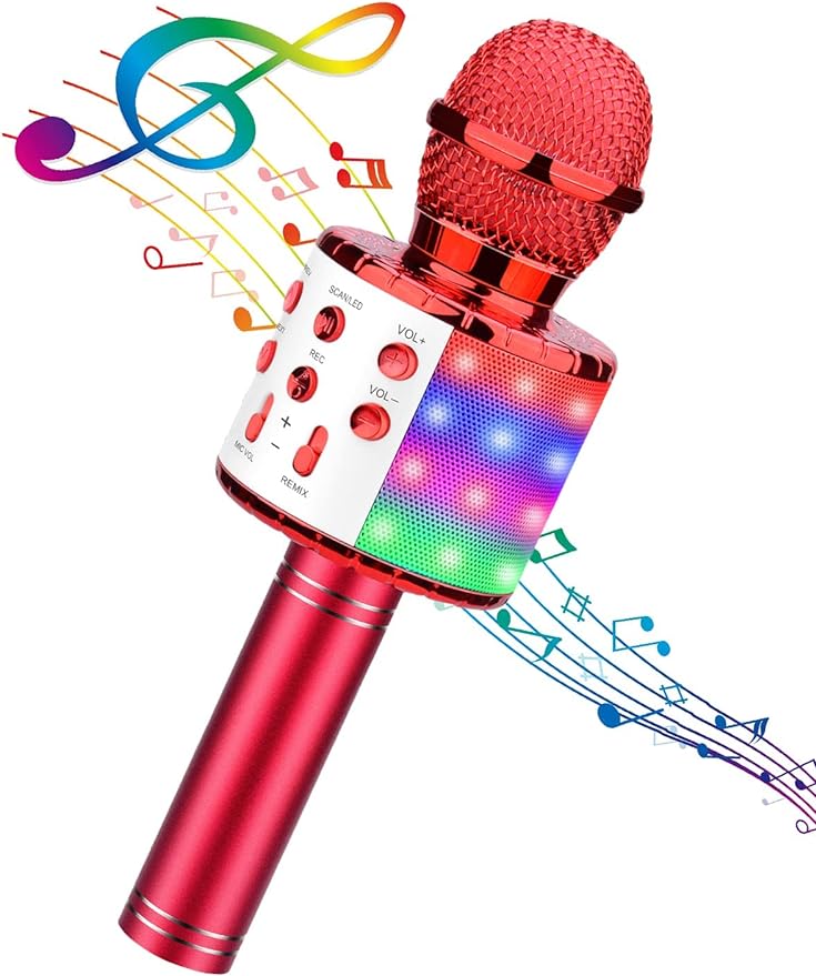 BlueFire 4 in 1 Karaoke Wireless Microphone with LED Lights, Portable Microphone for Kids, Great Gifts Toys for Kids, Girls, Boys and Adults (Red)-CubbioJoy
