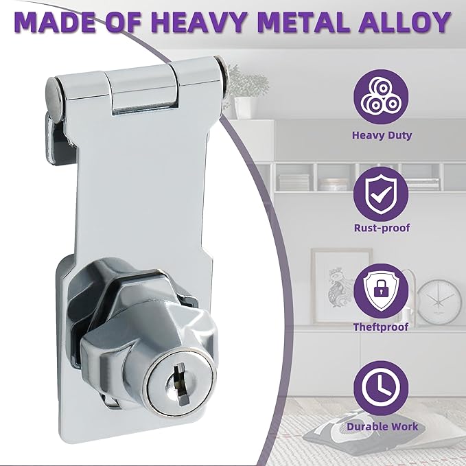 Alise Keyed Hasp Lock,3 Inch Safety Packlock Clasp Hasp Lock Latch with Lock,Door Hinge Lock with Keys Keyed Locking Hasp for Cabinets Closets Doors,Chrome-CubbioJoy