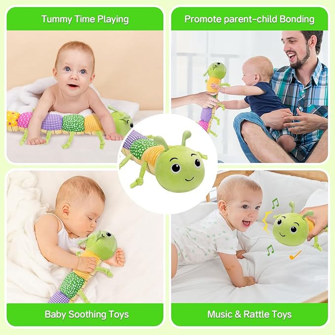 Baby Toys, Musical Plush Stuffed Toy for Newborn 0-3 0-6 3-6 6-12 Months Old, Animal Soft Rattle Sensory Toys with Teether for Tummy Time, Infant Boy& Girl Easter Gifts, Caterpillar-CubbioJoy