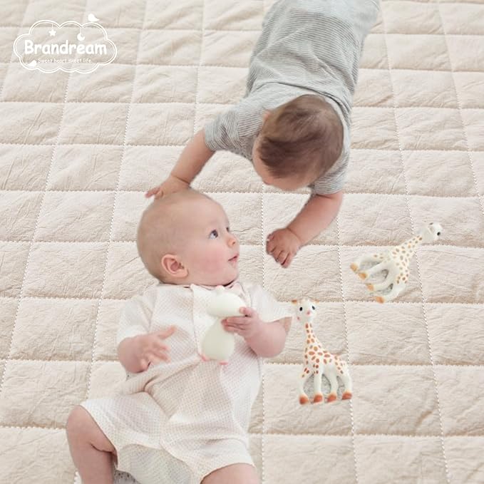 Brandream 3 Pieces Crib Bedding Set for Girls or Boys Quilt,Crib Sheet,Dust Ruffle Skirt, 100% Washed Cotton Like Linen Supersoft Farmhouse Chic Boho Beige Classic Quilted Plaid Design-CubbioJoy