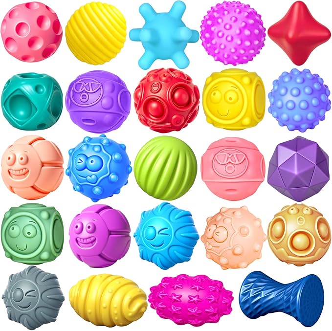 24 Pcs Sensory Balls for Toddlers, Sensory Baby Toys, Montessori Toy for Babies Squeeze, Infant Toys Soft Multi Ball Set Gifts with Bright Color Textured-CubbioJoy