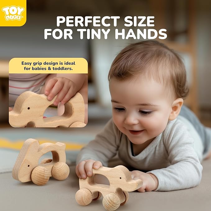 TOY Life Wooden Toys Cars, Montessori Toys for Babies 0-6-12 Months, Babies Bunny Rattle Cars for Toddlers 1-3, Wooden Baby Toys Gift 1 Year Old, Baby Boy Nursery Decor, Elephant & Rabbit Toy Car-CubbioJoy