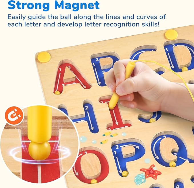 JoyCat Magnetic Letter Tracing Board, Wooden Alphabet Tracing Board for Toddlers ABC Magnets Letter Writing Practice, Magnetic Maze Preschool Learning Educational Toys for Kids 3-5-CubbioJoy