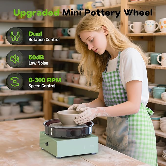 Alldeer Mini Pottery Wheel Kit - 6" Turntable Two-Way Rotation Clay Wheel, Metal Frame, Removable Splash Tray Ceramic Making Kit with 18PCS Sculpting Tools, Pottery DIY Machine for Kids and Beginners-CubbioJoy