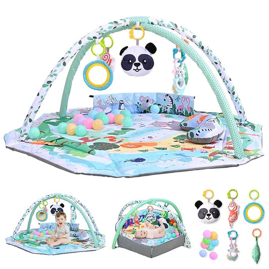Baby Play Gym & Activity Mat,10-in-1 Tummy Time Mat,Panda Washable Baby Playmat with Detachable Toys,2 in 1 Baby Mat & Fence for Sensory Exploration and Motor Skill Development at Different Stages-CubbioJoy