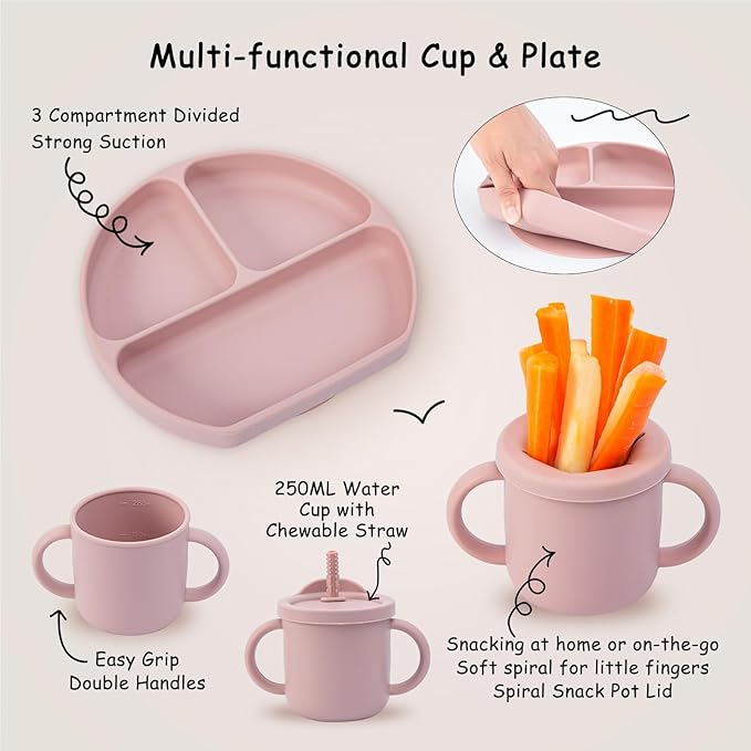 Baby Feeding Set, 13PCS Silicone Baby Self Feeding Set, Toddler Led Weaning Utensils Set with Suction Bowl and Plate, 3 Set of Baby Spoon and Fork, Adjustable Bid, Sippy Cup with Straw and 2 Lids-CubbioJoy