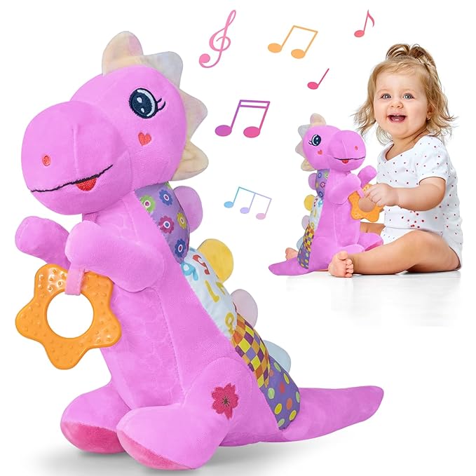 Baby Dino Plush Soft Stuffed Animal Toy for 0-3-6-12+ Months,Infant Musical Toy with Rattle,Squeaker,Sensory Crinkle,Teether & Textures,Toys for Christmas Baby Gift for Newborn Girl Boy (Purple)-CubbioJoy