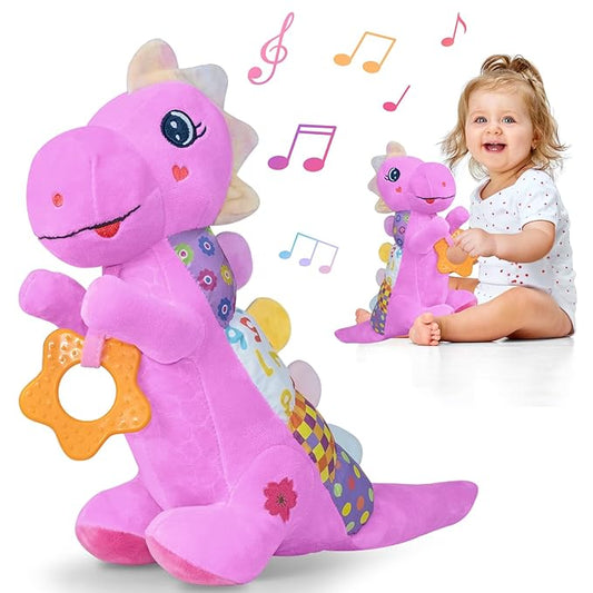 Baby Dino Plush Soft Stuffed Animal Toy for 0-3-6-12+ Months,Infant Musical Toy with Rattle,Squeaker,Sensory Crinkle,Teether & Textures,Toys for Christmas Baby Gift for Newborn Girl Boy (Purple)-CubbioJoy