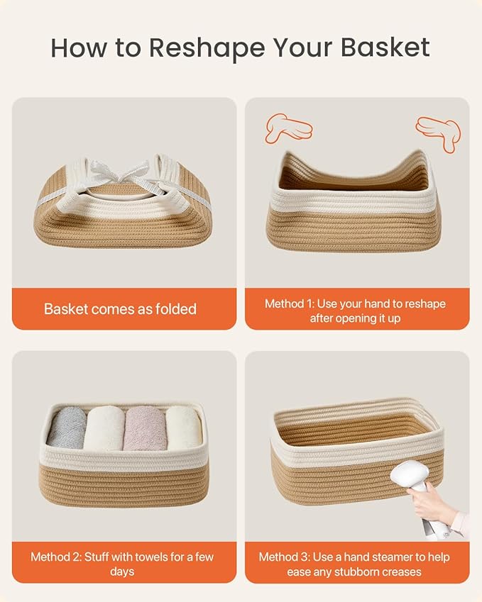 KALLAX Small Woven Basket, 12 x 8 x 4.5 Inches, Storage Basket for Organizing, Cute Small Rope Shelf Closet Cube Storage Bins Baskets for Shelves, Dog Toy Gift Baskets Empty, 3 Pack White & Brown-CubbioJoy