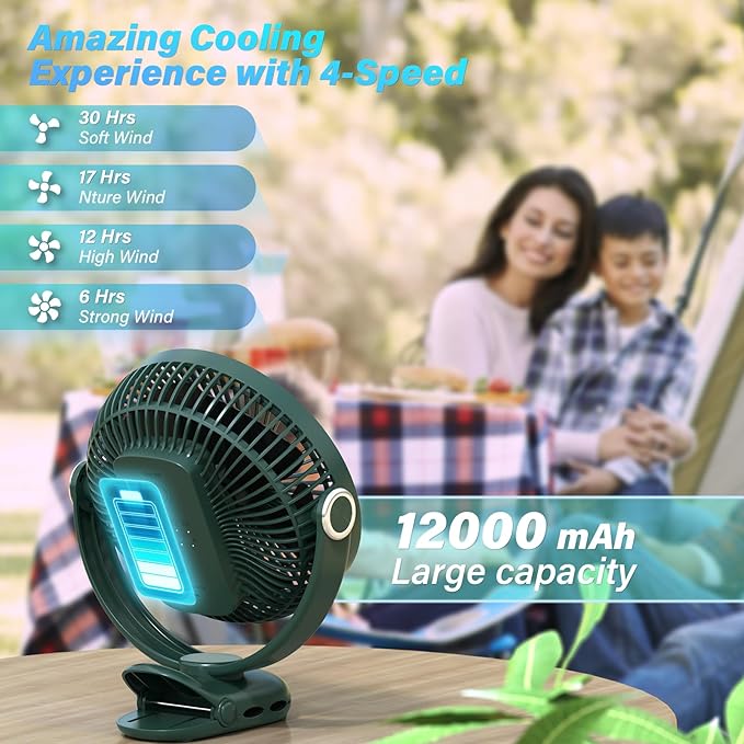 12000mAh Clip on Fan 30H Longest Runtime, 8in Portable Fan Rechargeable, Ultra Quiet with Heavy-Duty Clamp, USB Desk Fans for Golf Cart,Office Desk, Treadmill, Camping, Bedroom-CubbioJoy