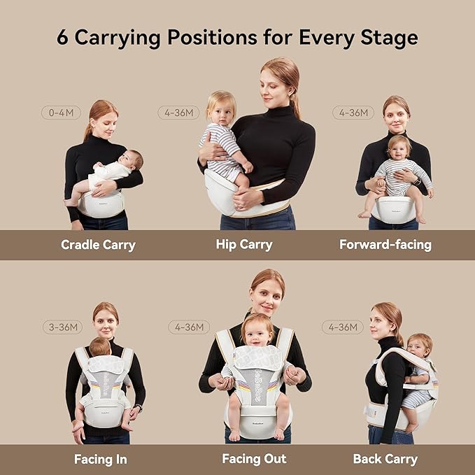 Baby Carrier with Hip Seat, BeBeBus 2-in-1 Ergonomic Newborn to Toddler Carrier up to 44 lbs, Detachable Hands-Free for Infant, All Season Forward-Facing Carry, Fits Waist Sizes up to 38 inch (White)-CubbioJoy