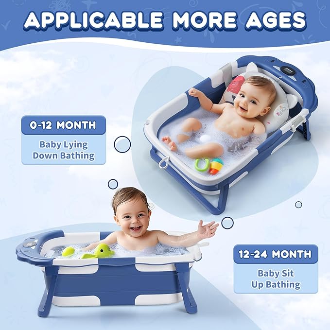 Baby Bathtub,Collapsible Baby Bath Tub with Thermometer & Soft Floating Cushion,Portable Travel Baby Bathtubs for Newborns to Toddlers 0-36 Months(Bear Blue)-CubbioJoy