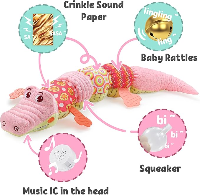 LIGHTDESIRE Baby Toys Musical Crocodile,Infant Toys Stuffed Animals Toy with Ruler Design and Ring Bell,Baby Teething Toy for Tummy Time Newborn Boys Girls 0 3 6 12 Months(Pink)-CubbioJoy