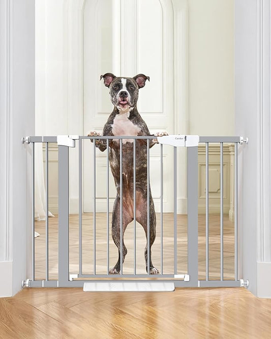Cumbor 29.7-46" Baby Gate for Stairs, Gifts for Mom-Auto Close Dog Gate for The House, Easy Install Pressure Mounted Pet Gates for Doorways, Easy Walk Thru Wide Safety Gate for Dog, Gray-CubbioJoy