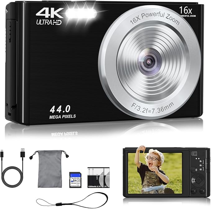 Digital Camera FHD 4K Kids Camera 44MP with 64GB SD Card 2 Batteries Autofocus 16X Digital Zoom Compact Portable Point and Shoot Digital Small Vintage Camera for Teens Boys Girls Students (Black)-CubbioJoy