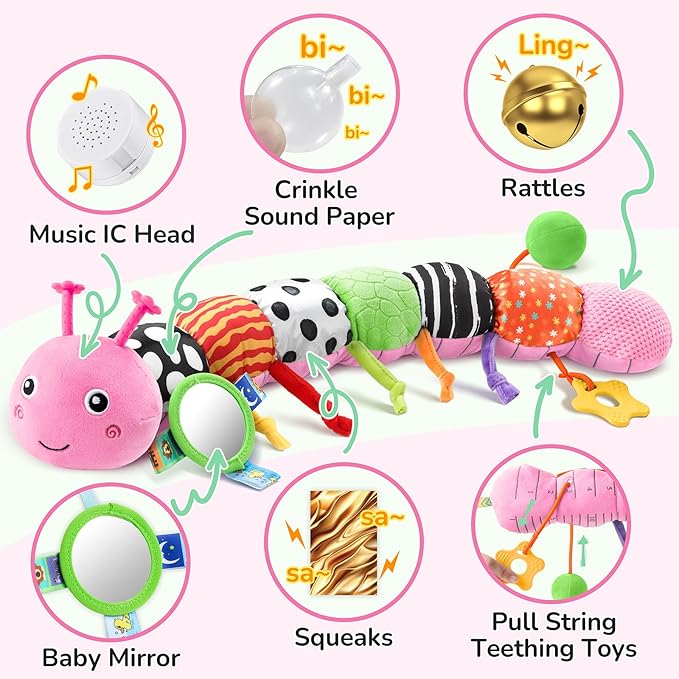 Baby Toys 6-12 Months Music Caterpillar Infant Toys Stuffed Animals 0-3-6 Months Teething Tummy Time Sensory Toys with Mirror Rattle&Pull String for Boys Girls Birthday Gifts|Pink,Knot Limb-CubbioJoy