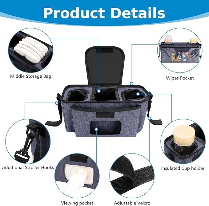 Accmor Universal Stroller Organizer with Insulated Cup Holder and Shoulder Strap, Stroller Bag Caddy Organizer Stroller Accessories for Uppababy, Baby Jogger, Nuna, Doona, Britax Strollers-CubbioJoy