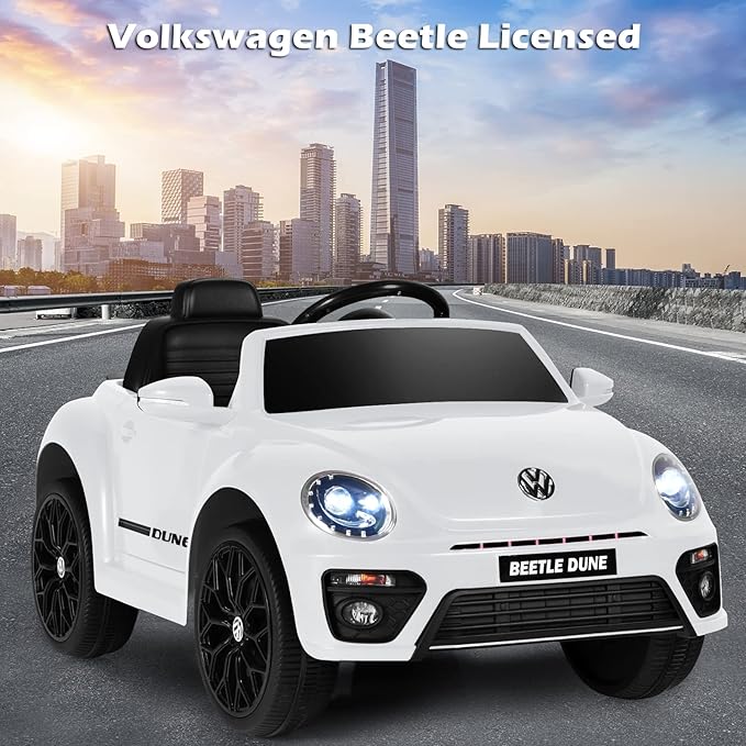 Costzon Ride on Car, 12V Licensed Volkswagen Beetle Battery Powered Vehicle w/Remote Control, Spring Suspension, Lights, USB, Horn, Music, 4 Wheeler for Boy Girl Gift, Electric Car for Kids, White-CubbioJoy