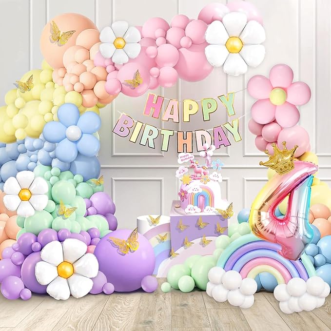 4th Birthday Decorations Girl Pastel, Slmeno 219Pcs Pastel Rainbow Balloon Arch Garland Kit, with Number 4 Balloons,Banner,Cake Toppers,12 3D Butterfly for 4 Year Old Girl Birthday Easter Party Decor-CubbioJoy