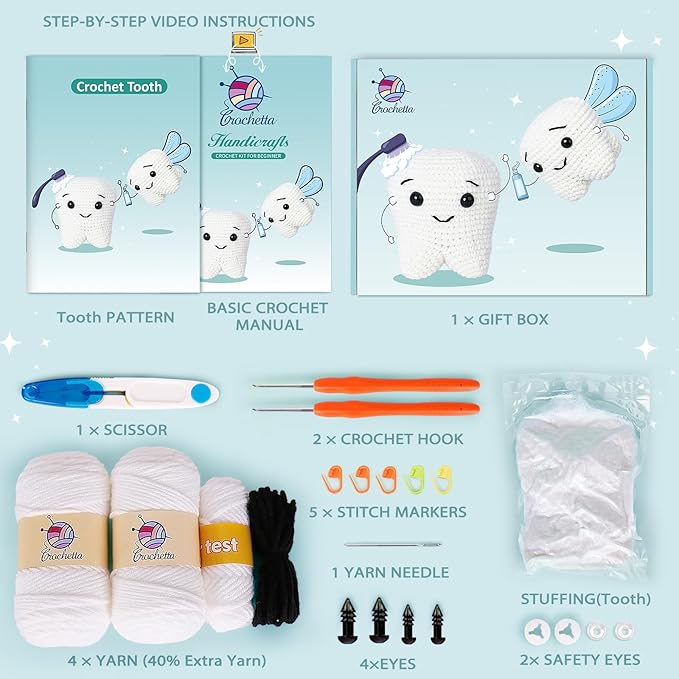 Crochet Kit for Beginners, Crochet Kit w Step-by-Step Video Tutorials, Crochet Starter Kit Learn to Crochet Kits for Adults Kids Beginners, Crochet Kit Tooth (40%+ Yarn Content)-CubbioJoy