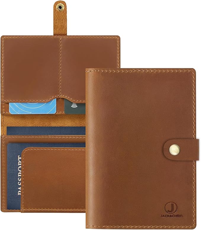Jack&Chris Genuine Leather Passport Holder For Travel, RFID Blocking Handmade Passport Holder with Card Case Organized & Safe, Quality Travel Essentials for Women and Men for Gifting, Light Brown-CubbioJoy