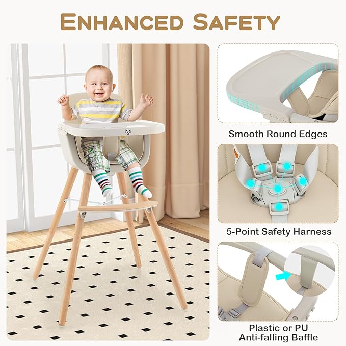 BABY JOY Convertible Baby High Chair, 3 in 1 Wooden Highchair/Booster/Chair with Removable Tray, Adjustable Legs, 5-Point Harness, PU Cushion and Footrest for Baby, Infants, Toddlers (Beige)-CubbioJoy