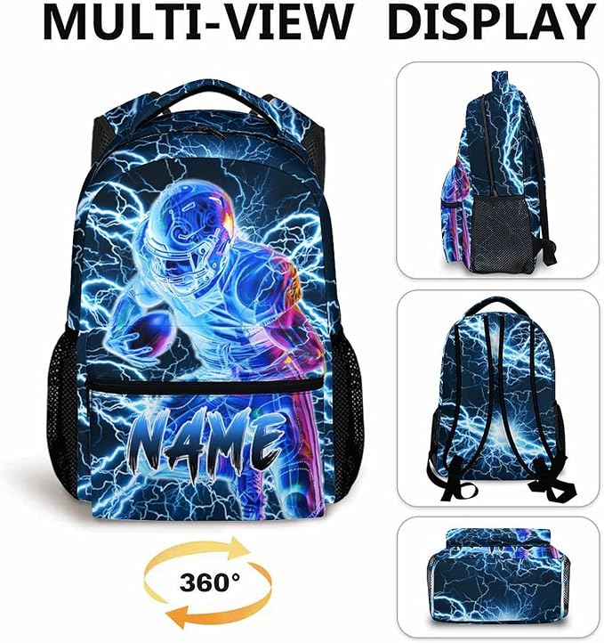 Boys School Backpack, Personalized Football Backpacks for Kids Kindergarten Senior Middle, 17 Inch Lightweight Lightning Bookbag with Custom Name, Cool Back to School Gift-CubbioJoy