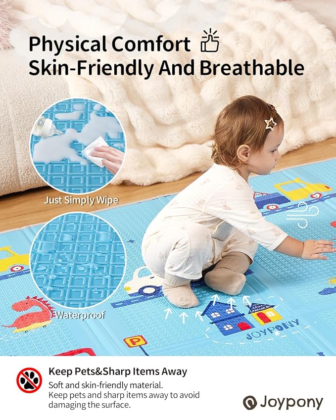 Baby Play Mat, 79" X 71" X 0.6" Extra Large & Thick Reversible Foldable Play Mats for Babies and Toddlers, Anti-Slip Portable Baby Floor Mat for Tummy Time, Baby Mat for Floor with Travel Bag-CubbioJoy