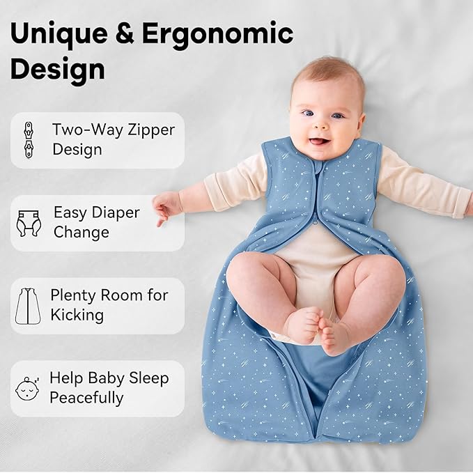 Baby Sleep Sack 12-18 Months 3 Pack 100% Cotton Lightweight 0.5 TOG Wearable Blanket Baby Sleep Bag with 2-Way Zipper for Infant Toddler Blue-CubbioJoy