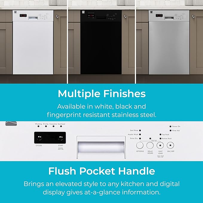 Kenmore 18" Built-in Stainless Steel Tub Dishwasher EasyFlex 3rd, SmartWash, UltraWash Plus, TurboDry, MoreSpace Adjustable Rack, Energy Star Certified, White-CubbioJoy