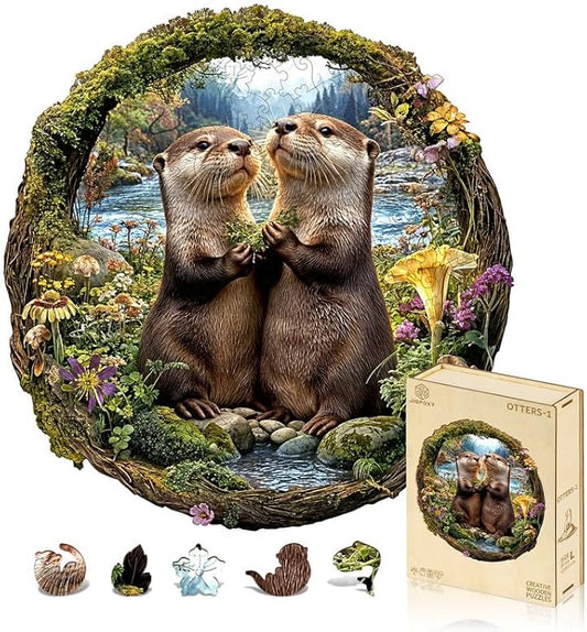 Jigfoxy Wooden Puzzles for Adults, Otter Couple Wood Puzzles Adult, Unique Animal Shape Wooden Jigsaw Puzzles for Adults, Birthday Gifts for Puzzle Lovers Family Friend (S-8.1 * 8.4in-102pcs)-CubbioJoy