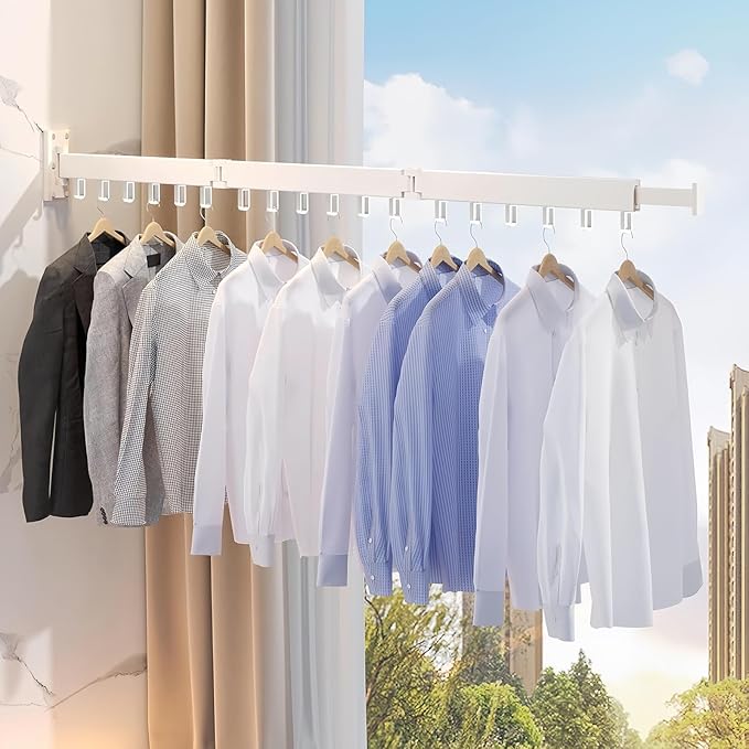 Clothes Drying Rack Wall Mounted,Space Saving Wall Drying Rack,Retractable Collapsible Tri-Fold,for Bathroom,Balcony,Outdoor lndoor with Laundry,White-CubbioJoy