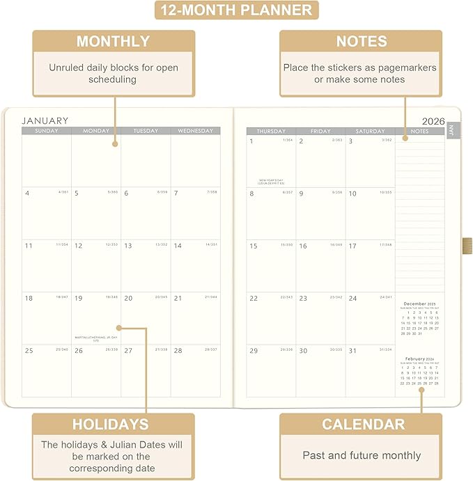 2026 Planner - JAN 2026 - DEC 2026, Planner 2026, Weekly and Monthly Planners, Leather Cover Planners with Thick Paper, Back Pocket with Notes Pages, Seashell Gold (8.5" x 11")-CubbioJoy