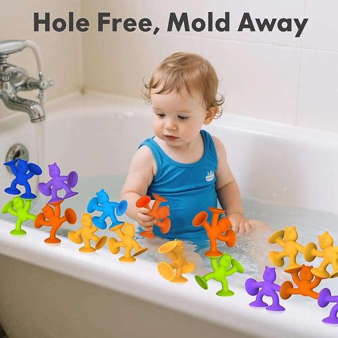 Cute Bear Suction Cup Toy Bath Toys for Kids Ages 4-8 No Hole Bathtub Sensory Toy Airplane Toys for Toddlers 1-3, Connect Build Create Baby Toys, 12 PCS-CubbioJoy